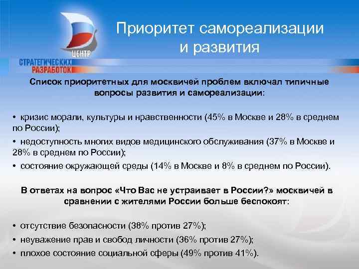 Приоритет самореализации и развития CENTER FOR STRATEGIC RESEARCH Список приоритетных для москвичей проблем включал