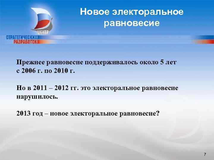 Новое электоральное равновесие Прежнее равновесие поддерживалось около 5 лет с 2006 г. по 2010
