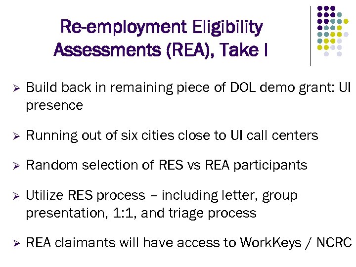 Re-employment Eligibility Assessments (REA), Take I Ø Build back in remaining piece of DOL