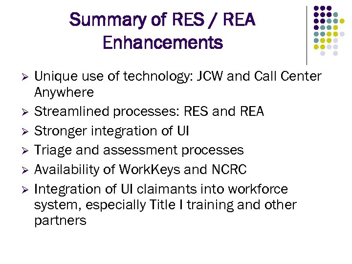 Summary of RES / REA Enhancements Ø Ø Ø Unique use of technology: JCW