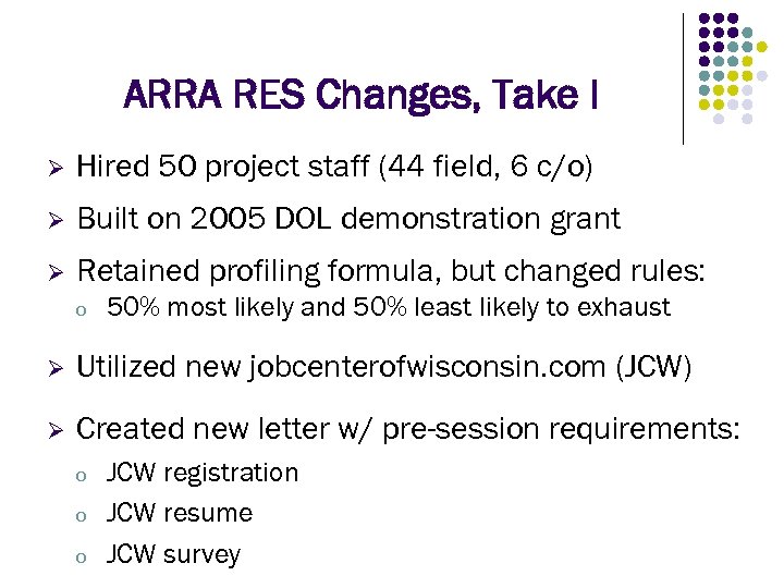 ARRA RES Changes, Take I Ø Hired 50 project staff (44 field, 6 c/o)