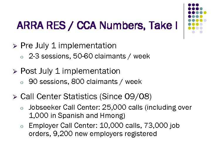 ARRA RES / CCA Numbers, Take I Ø Pre July 1 implementation o Ø