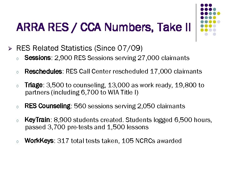 ARRA RES / CCA Numbers, Take II Ø RES Related Statistics (Since 07/09) o