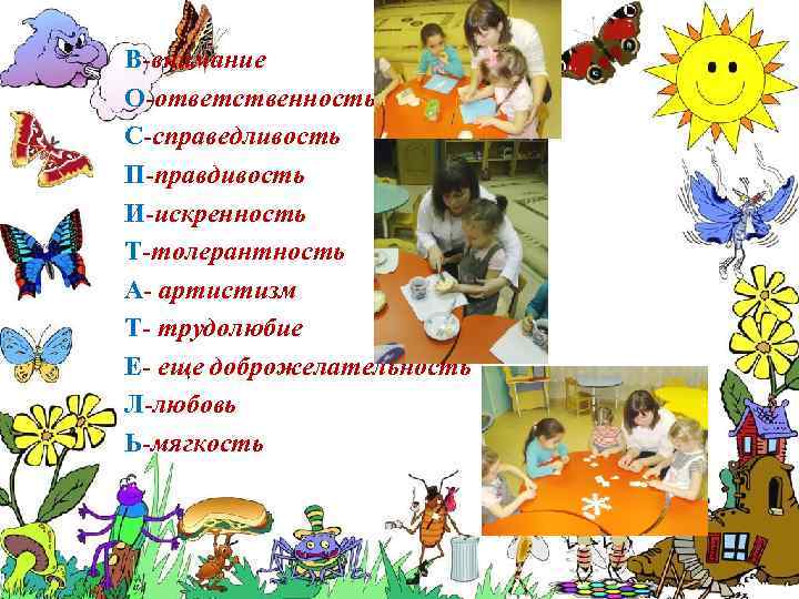 В-внимание О-ответственность С-справедливость П-правдивость И-искренность Т-толерантность А- артистизм Т- трудолюбие Е- еще доброжелательность Л-любовь