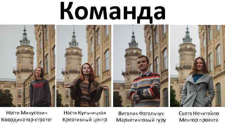 Команда Настя Микусевич Координатор-стратег Настя Кульчицкая Креативный центр Виталик Фатальчук Маркетинговый гуру Света Нечитайло