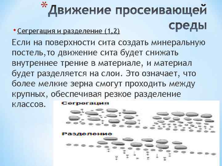 * • Сегрегация и разделение (1, 2) Если на поверхности сита создать минеральную постель,