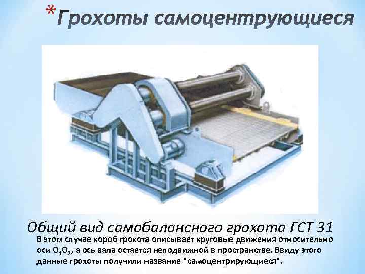 * Общий вид самобалансного грохота ГСТ 31 В этом случае короб грохота описывает круговые
