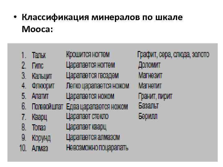  • Классификация минералов по шкале Мооса: 