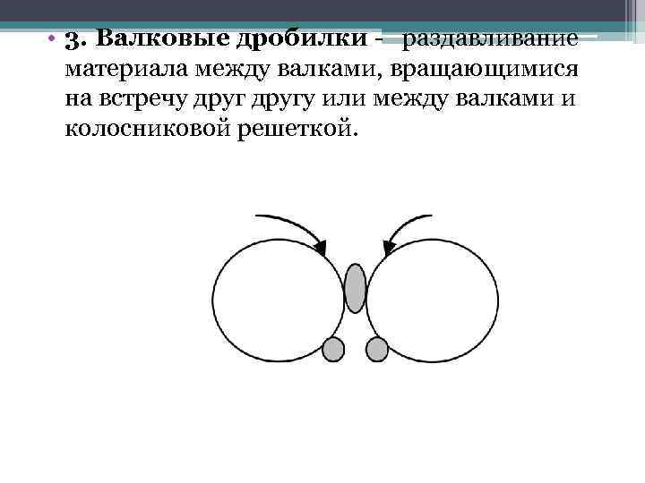  • 3. Валковые дробилки - раздавливание материала между валками, вращающимися на встречу другу