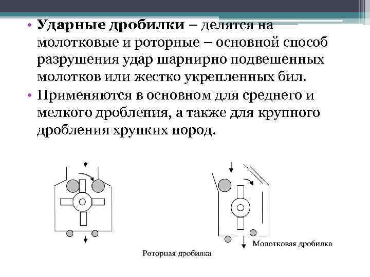  • Ударные дробилки – делятся на молотковые и роторные – основной способ разрушения