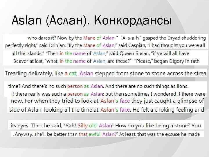 Aslan (Аслан). Конкордансы 