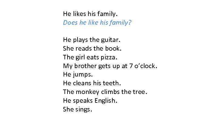 He likes his family. Does he like his family? He plays the guitar. She