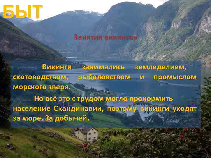 БЫТ Занятия викингов Викинги занимались земледелием, скотоводством, рыболовством и промыслом морского зверя. Но всё