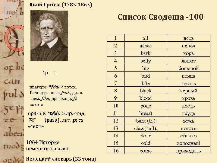 Якоб Гримм (1785 -1863) Список Сводеша -100 *p → f прагерм. *fehu > готск.