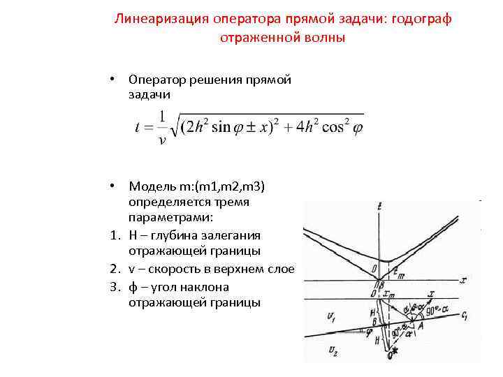 Линеаризация оператора прямой задачи: годограф отраженной волны • Оператор решения прямой задачи • Модель