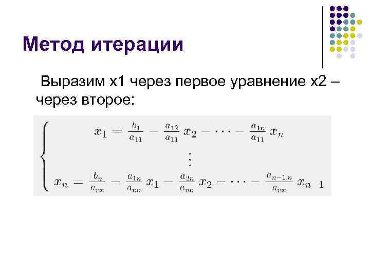 Метод итерации Выразим x 1 через первое уравнение x 2 – через второе: 