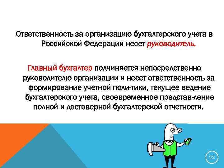 Ответственность за организацию бухгалтерского учета в Российской Федерации несет руководитель. Главный бухгалтер подчиняется непосредственно