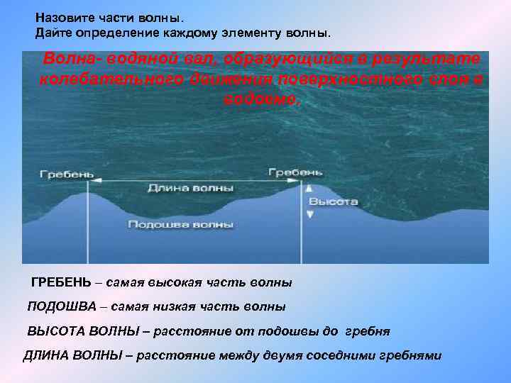 Назовите части волны. Дайте определение каждому элементу волны. Волна- водяной вал, образующийся в результате