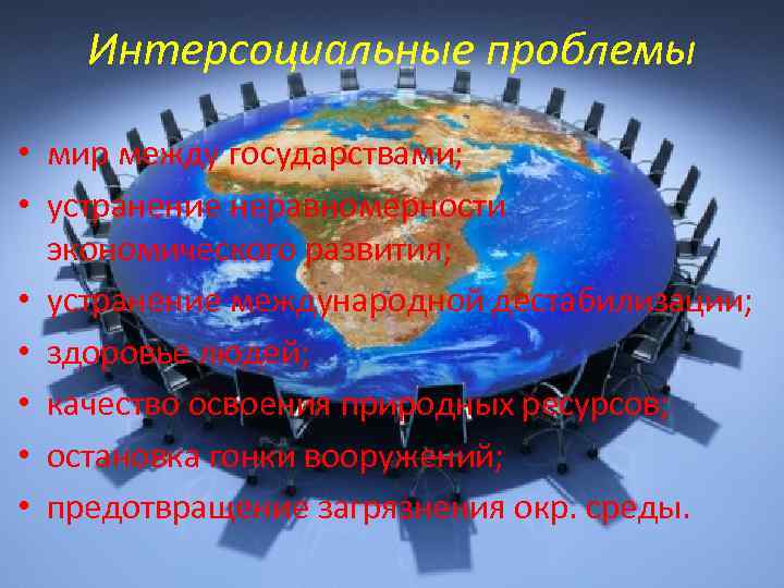 Интерсоциальные проблемы • мир между государствами; • устранение неравномерности экономического развития; • устранение международной