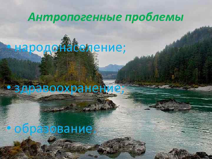 Антропогенные проблемы • народонаселение; • здравоохранение; • образование. 