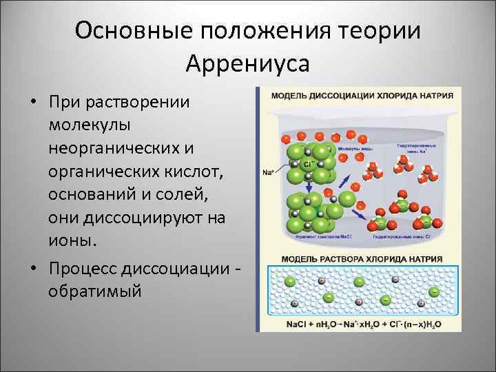 Основные положения теории Аррениуса • При растворении молекулы неорганических и органических кислот, оснований и