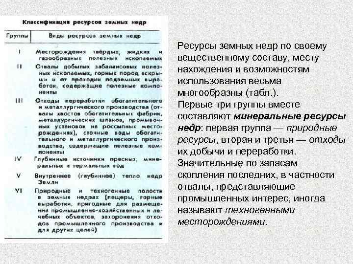 Ресурсы земных недр по своему вещественному составу, месту нахождения и возможностям использования весьма многообразны