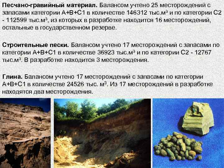 Песчано-гравийный материал. Балансом учтено 25 месторождений с запасами категории А+В+С 1 в количестве 146312