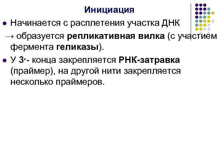 Инициация l Начинается с расплетения участка ДНК → образуется репликативная вилка (с участием фермента