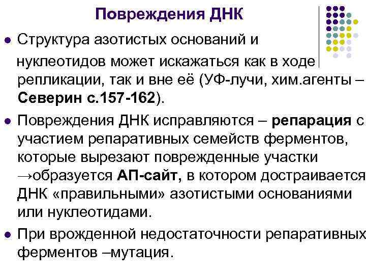 Повреждения ДНК Структура азотистых оснований и нуклеотидов может искажаться как в ходе репликации, так