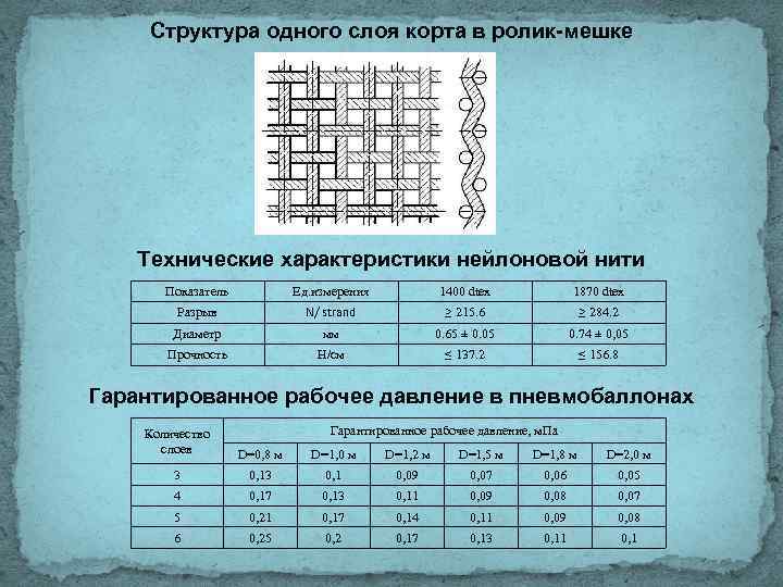 Структура одного слоя корта в ролик-мешке Технические характеристики нейлоновой нити Показатель Ед. измерения 1400