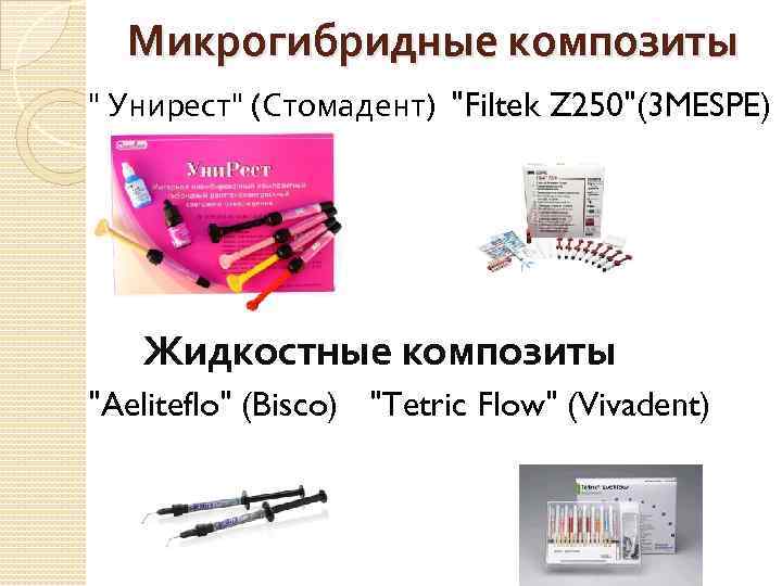  Микрогибридные композиты " Унирест" (Стомадент) "Filtek Z 250"(3 MESPE) Жидкостные композиты "Aeliteflo" (Bisco)