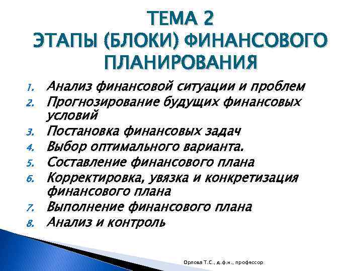 ТЕМА 2 ЭТАПЫ (БЛОКИ) ФИНАНСОВОГО ПЛАНИРОВАНИЯ 1. 2. 3. 4. 5. 6. 7. 8.