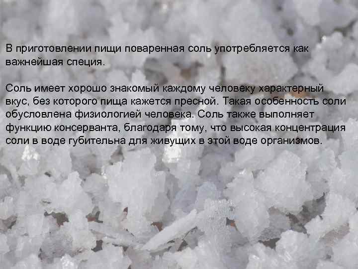 В приготовлении пищи поваренная соль употребляется как важнейшая специя. Соль имеет хорошо знакомый каждому