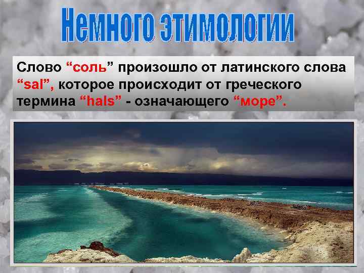 Слово “соль” произошло от латинского слова “sal”, которое происходит от греческого термина “hals” -