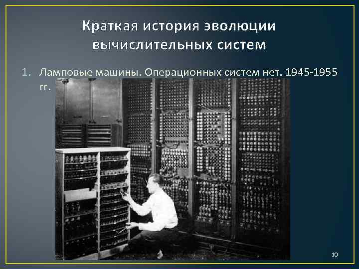 Краткая история эволюции вычислительных систем 1. Ламповые машины. Операционных систем нет. 1945 -1955 гг.