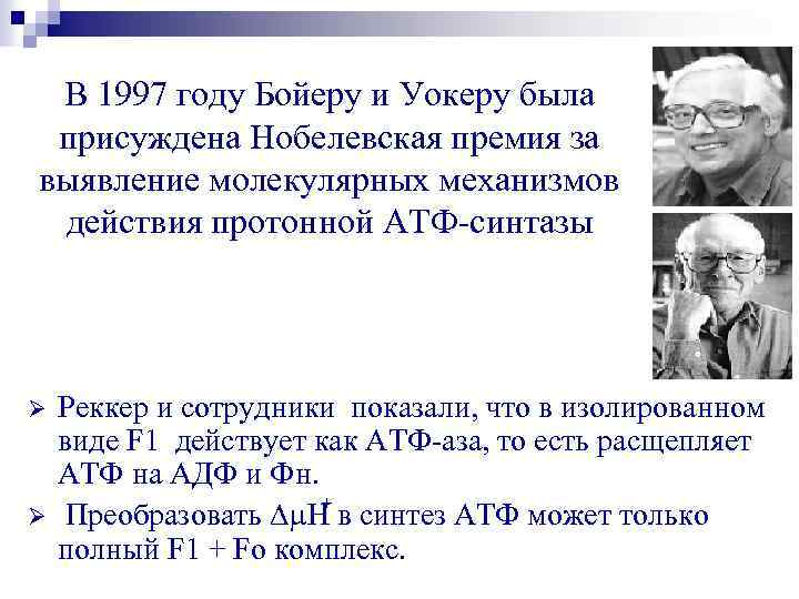 В 1997 году Бойеру и Уокеру была присуждена Нобелевская премия за выявление молекулярных механизмов