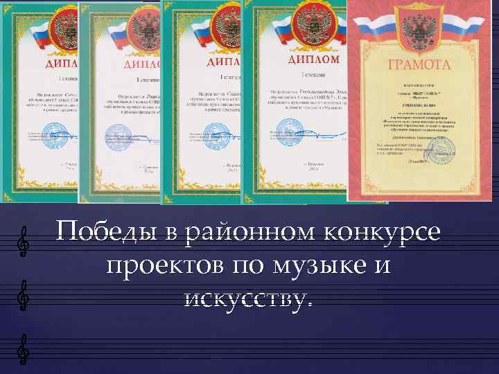 Победы в районном конкурсе проектов по музыке и искусству. 