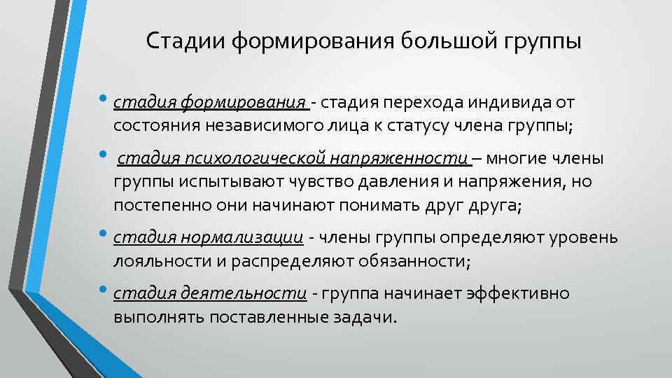  Стадии формирования большой группы • стадия формирования - стадия перехода индивида от состояния