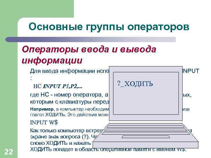 Основные группы операторов Операторы ввода и вывода информации Для ввода информации используется оператор ввода