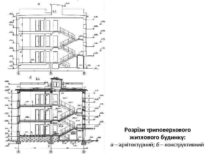 Розрізи триповерхового житлового будинку: а – архітектурний; б – конструктивний 