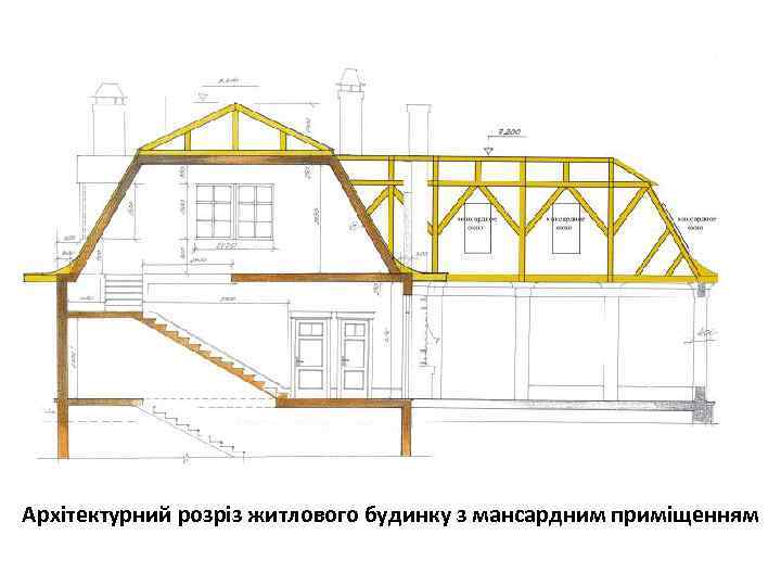 Архітектурний розріз житлового будинку з мансардним приміщенням 