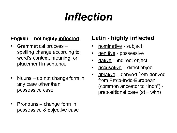 Inflection English – not highly inflected Latin - highly inflected • Grammatical process –