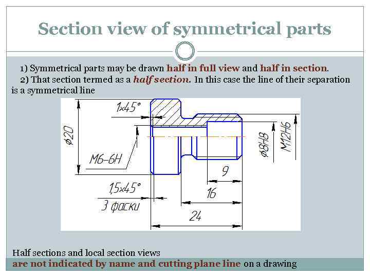 Section view of symmetrical parts 1) Symmetrical parts may be drawn half in full