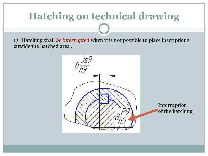 Hatching on technical drawing 1) Hatching shall be interrupted when it is not possible