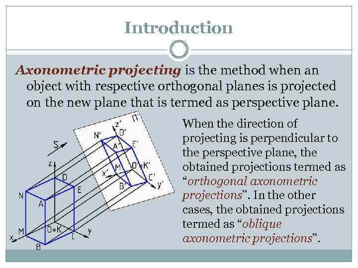 Introduction Axonometric projecting is the method when an object with respective orthogonal planes is