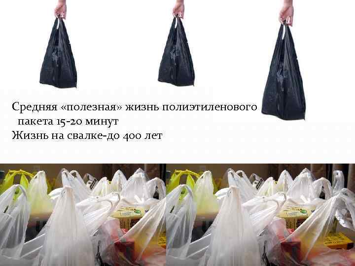 Средняя «полезная» жизнь полиэтиленового пакета 15 -20 минут Жизнь на свалке-до 400 лет 