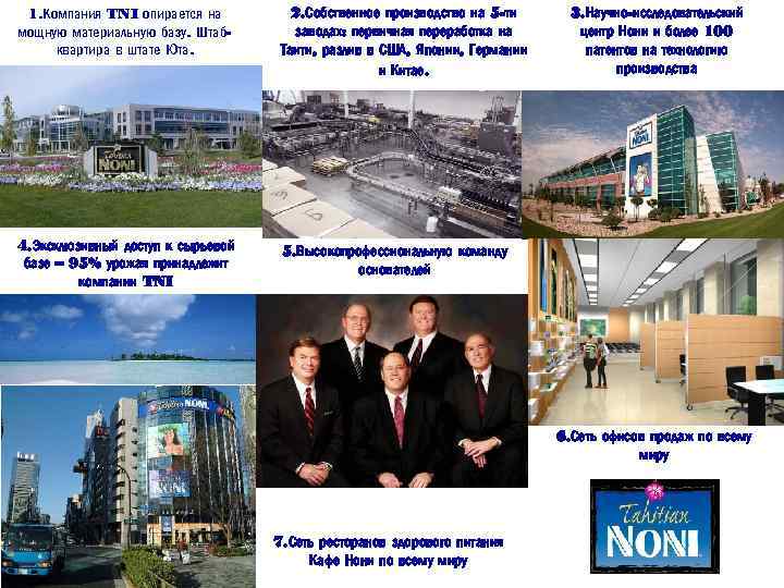 1. Компания TNI опирается на мощную материальную базу. Штабквартира в штате Юта. 2. Собственное