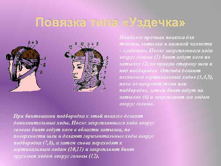 Повязка типа «Уздечка» Наиболее прочная повязка для темени, затылка и нижней челюсти - «уздечка»