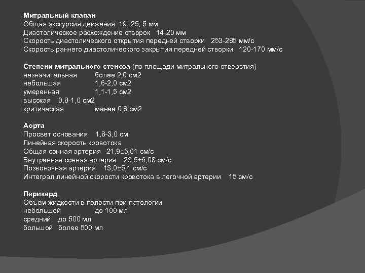 Митральный клапан Общая экскурсия движения 19; 25; 5 мм Диастолическое расхождение створок 14 -20