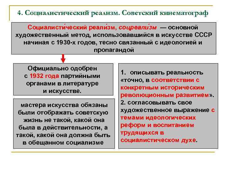 4. Социалистический реализм. Советский кинематограф Социалисти ческий реали зм, соцреали зм — основной художественный